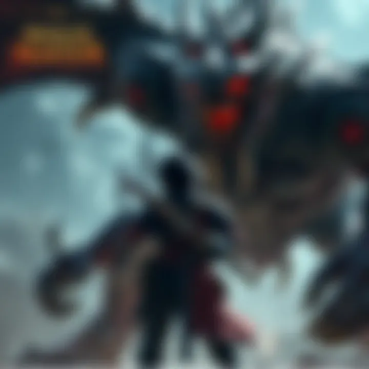 A Monster Hunter character in battle stance against a large, fearsome monster, showcasing the intensity of the game.