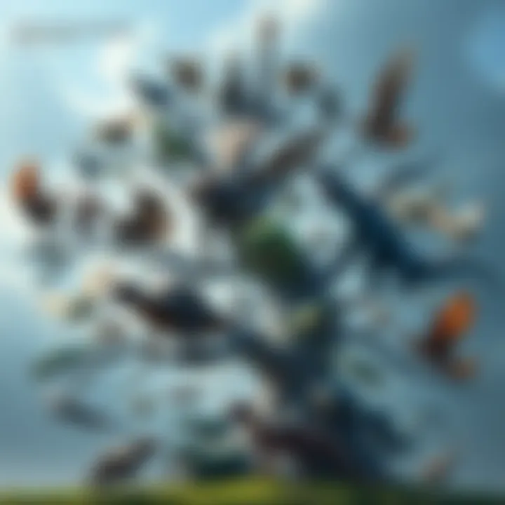An illustration of various creatures from the Monster Hunter universe arranged in a branching tree structure, showcasing their adaptations and ecological roles.
