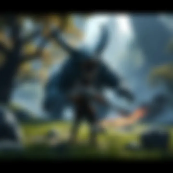 Monster Hunter gameplay scene A player character in Monster Hunter battling a large monster in a lush environment filled with trees and rocks