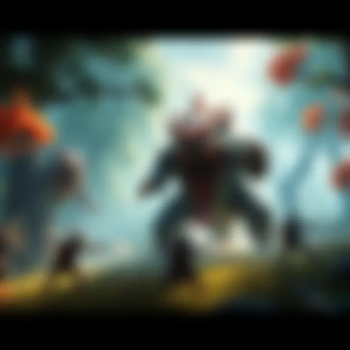 Monster Hunter Gameplay Scene A group of hunters battling a large monster in a vibrant forest setting, showcasing action and teamwork.