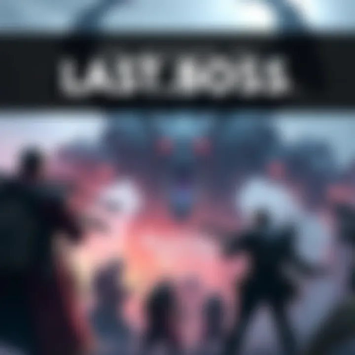 Monster Hunter LAST_BOSS Concept Art Concept art showing a fierce creature related to the LAST_BOSS status effect in Monster Hunter, surrounded by hunters preparing for battle