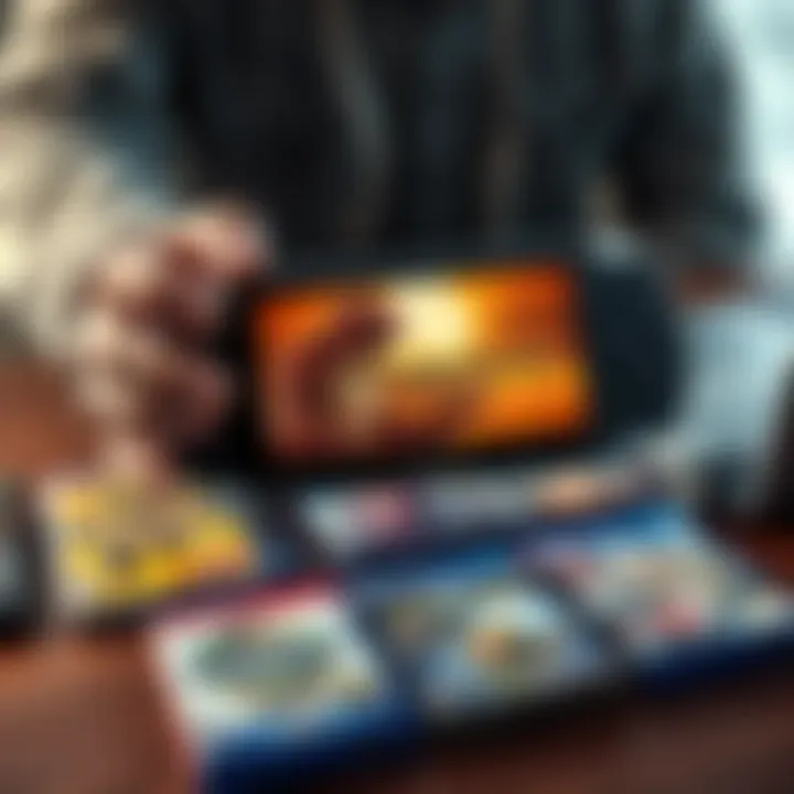 A person holding a PSP with various Monster Hunter game covers displayed on a table, showing Freedom, Freedom Unite, Freedom 2, and Portable 3rd.