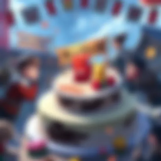 Monster Hunter Rise 5th Anniversary Celebration A group of hunters from Kamura village celebrating around a large cake decorated with Monster Hunter designs, surrounded by banners and community art.