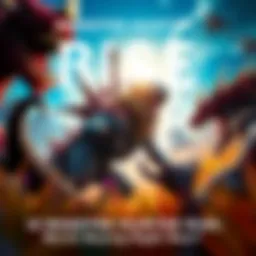 A scene from Monster Hunter Rise showing a hunter battling a large monster in a vibrant world.