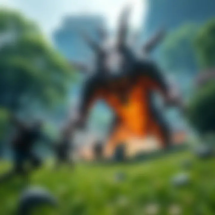 Monster Hunter Rise Gameplay A group of players in Monster Hunter Rise battling a large monster in a lush environment