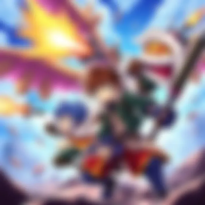 A colorful illustration showcasing characters from Monster Hunter Stories 3 using Kinship Skills in an action scene.