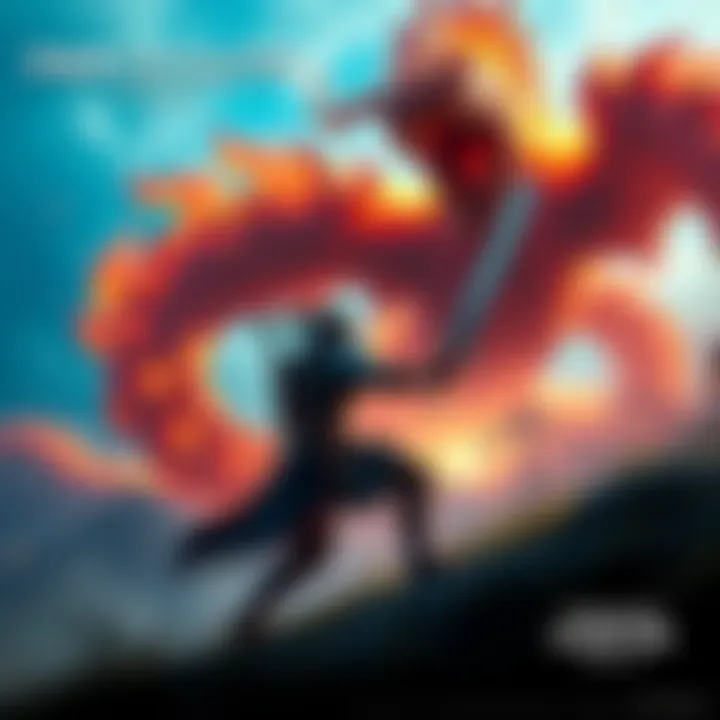 A player in armor battles the fire element monster Teostra with a great sword in a vibrant environment
