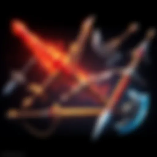 An array of imaginative weapon designs inspired by Monster Hunter, featuring swords, bows, and axes with creative embellishments.