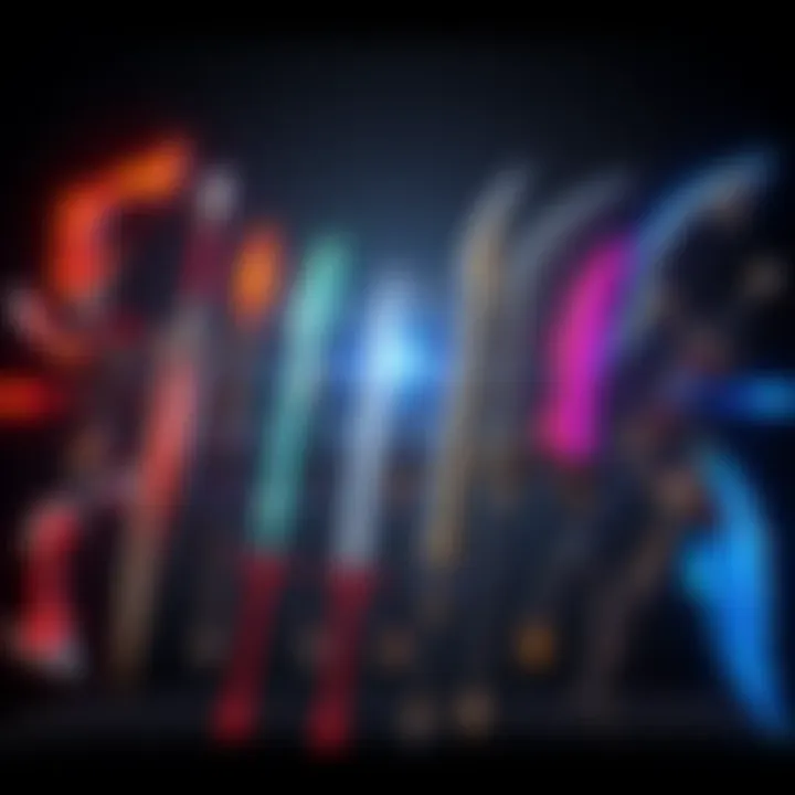 A showcase of various weapon types from Monster Hunter Rise and Sunbreak, featuring swords, axes, and bows arranged for comparison.
