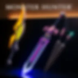 A display of the Charge Blade, Insect Glaive, and Dual Blades from Monster Hunter, showcasing their unique designs and features.