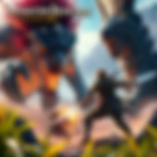 A fierce battle scene showcasing a hunter fighting a giant monster with weapons drawn in a vibrant, wild setting.