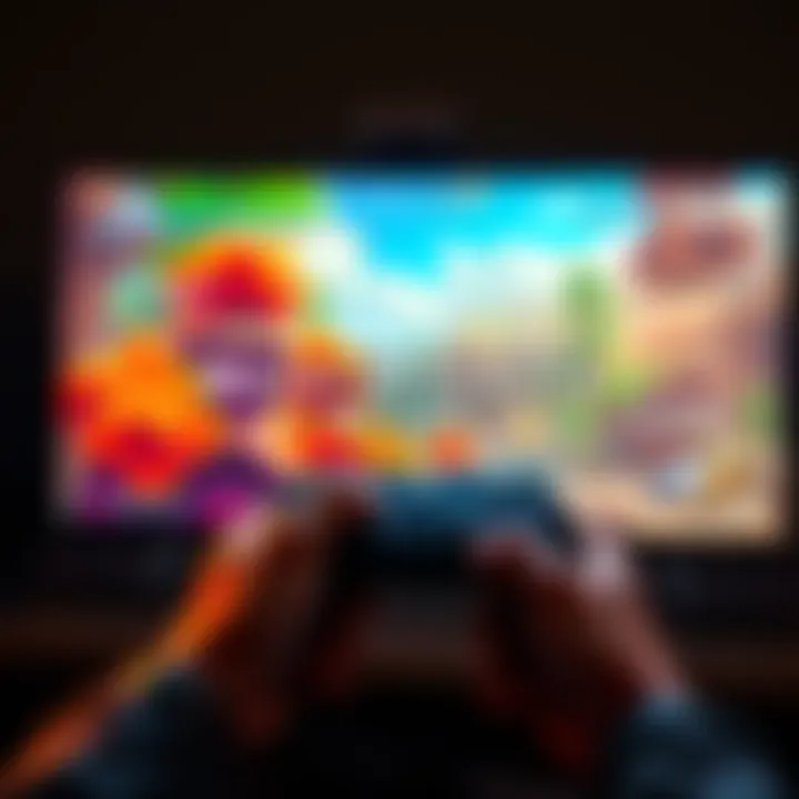 A player holding a controller, looking at a vibrant game screen showcasing Monster Hunter Wilds graphics.