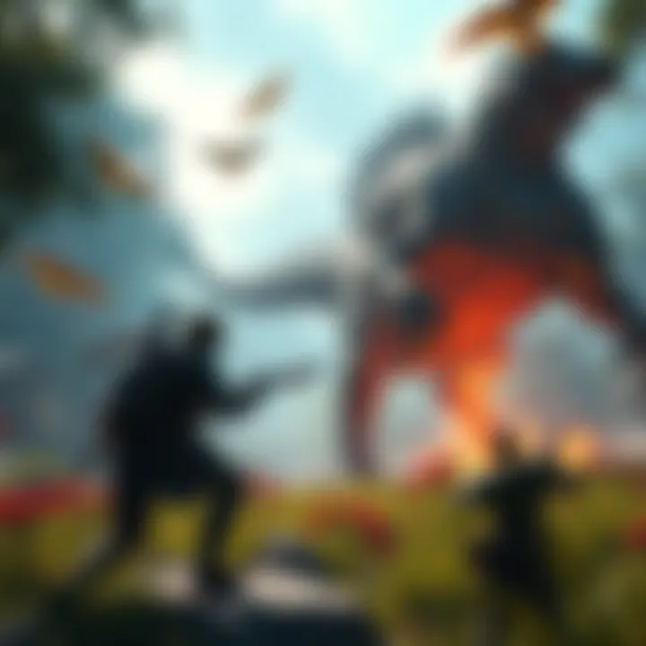 Monster Hunter World Gameplay A hunter engaging in a fierce battle against a giant monster in a lush environment.