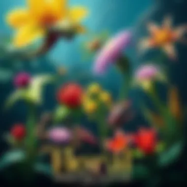 Various plants from Monster Hunter World showing unique features and colors, set in a vibrant environment alongside creatures.