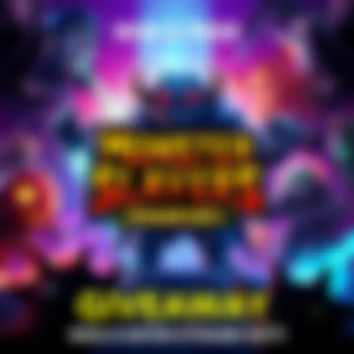 A promotional graphic for a giveaway featuring the game Monster Slayers with a background of vibrant colors and gaming themes