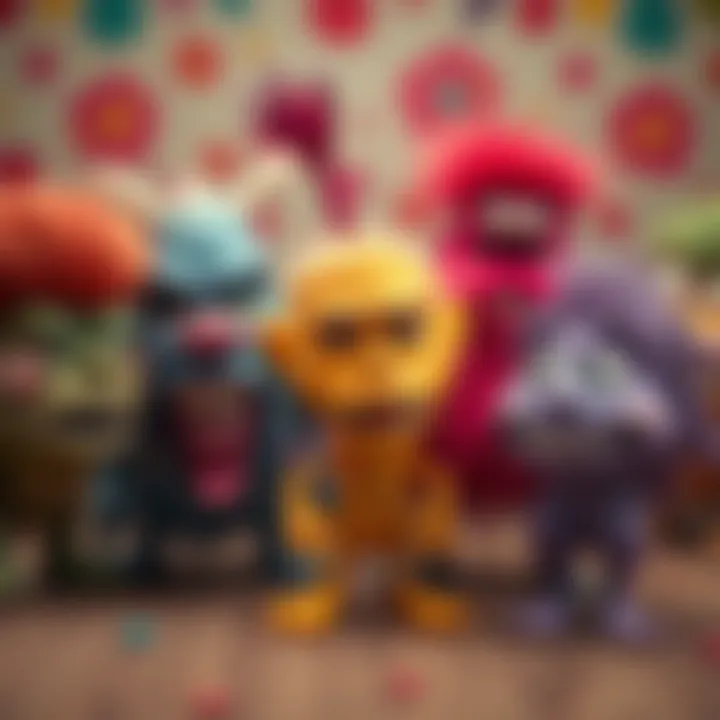 A group of colorful monsters with different features, each appearing to speak with unique expressions, set against a whimsical background.