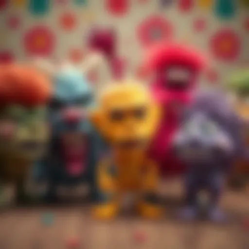 Monsters Speaking A group of colorful monsters with different features, each appearing to speak with unique expressions, set against a whimsical background.