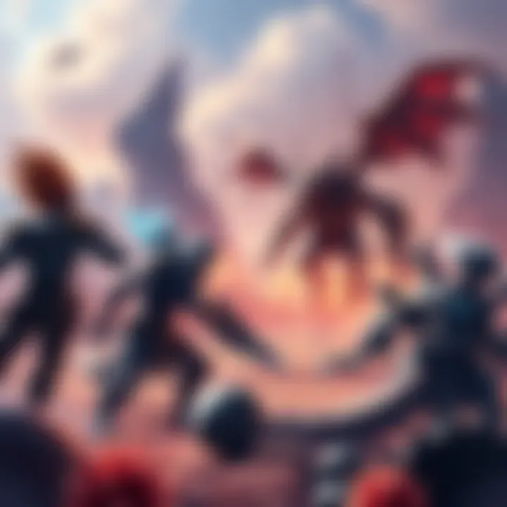 A battle scene featuring monsters in unexpected environments, showcasing different creatures in an exciting quest.