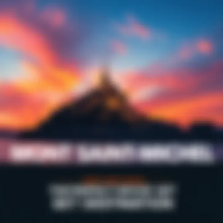 A stunning view of Mont Saint-Michel with its historic architecture silhouetted against a colorful sunset sky.