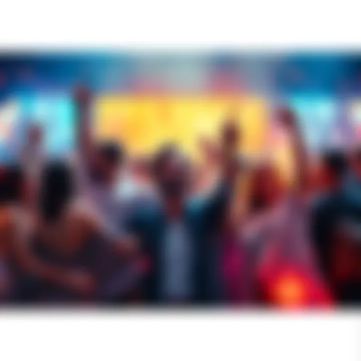 A creative montage scene featuring various joyful moments from films, displaying characters celebrating and sharing memories at the end, with vibrant colors