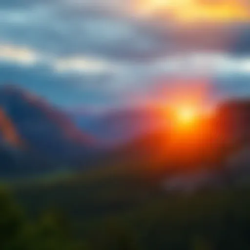 A stunning sunrise over Montana's mountains, with golden light illuminating the sky and lush valleys below.