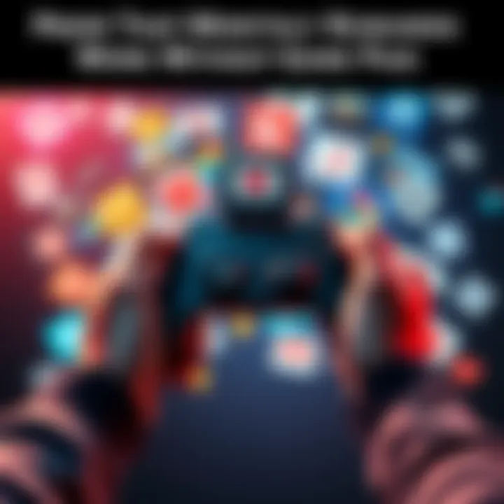 A person holding a gaming controller with various game icons around, symbolizing rewards from video games without a subscription service.
