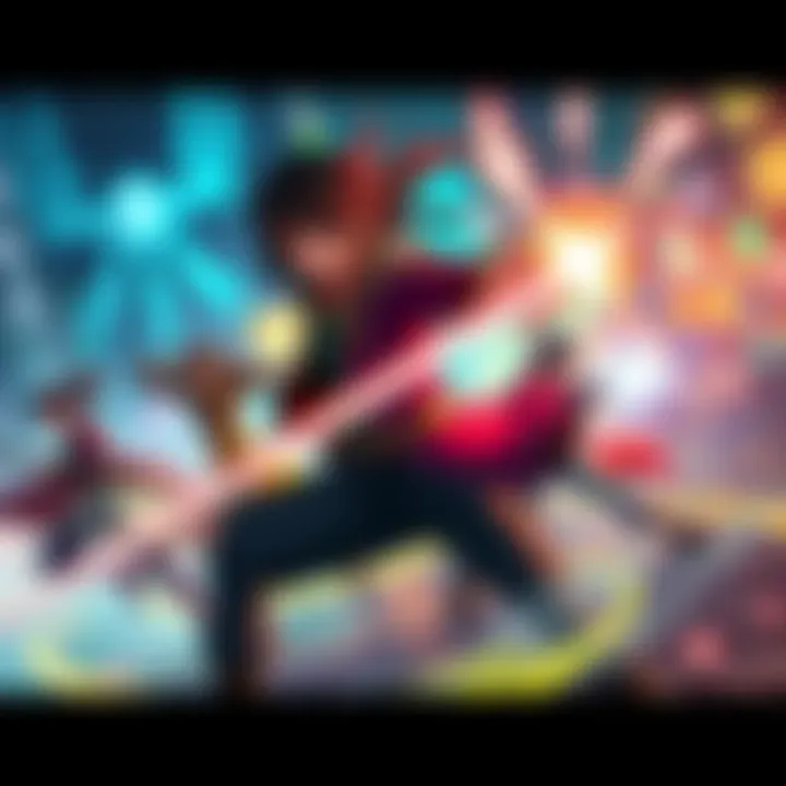 A dynamic fight scene showcasing characters with unique weapons in a colorful setting, influenced by Monty Oum's choreography style.