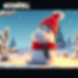 A cheerful Moomintroll character surrounded by a snowy landscape, with bright colors and a cozy atmosphere, representing the Winter's Warmth game.