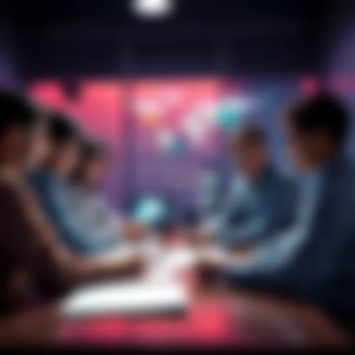 A group of people engaged in a discussion about strategies for handling Moon Envoys, with charts and notes visible around them.