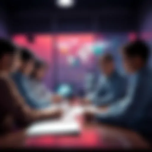 Discussion on Moon Envoys Strategies A group of people engaged in a discussion about strategies for handling Moon Envoys, with charts and notes visible around them.