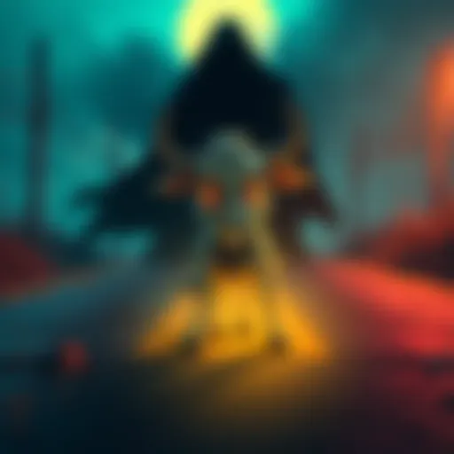 A mooncalf character with a worried expression, standing at a crossroads with a shadowy figure behind it, symbolizing a bad choice in a game.