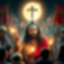 A character named MOONMOON with features resembling a divine figure, surrounded by symbols of spirituality and identity, engaging with a diverse crowd