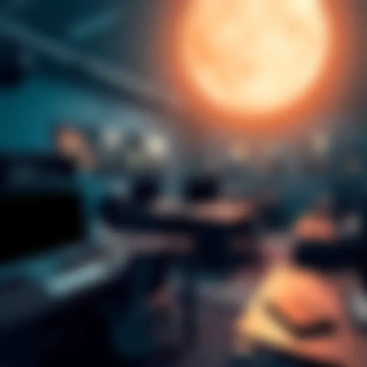 An office setting with empty desks and game development posters, highlighting layoffs at Moonshot Games amid Wildgate challenges.