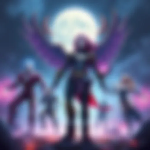 Moonstone and Mystique standing together, representing their powerful synergy in a game scene with Iron Mans and Gorrs in the background.