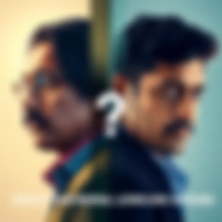 A split image showing Dawood and Vanya, each representing different moral perspectives with thoughtful expressions. A question mark overlays the center, symbolizing the ethical debate.