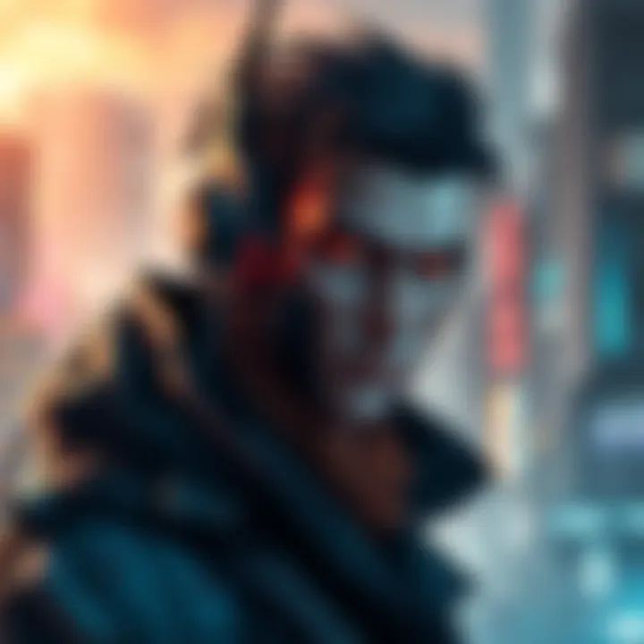 A detailed portrait of Morgan Blackhand, showcasing his distinctive cyberpunk style and attire, set against a futuristic city backdrop.