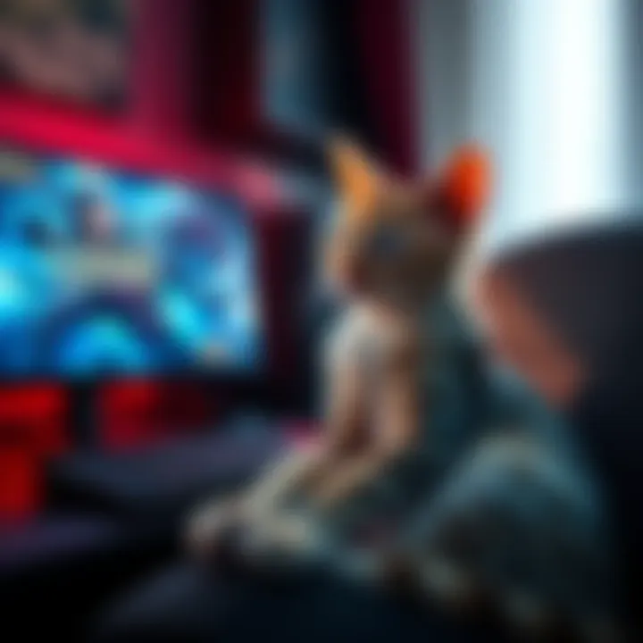 Morgana, a playful cat, sits next to a computer displaying League of Legends as she waits for Forsen's victory