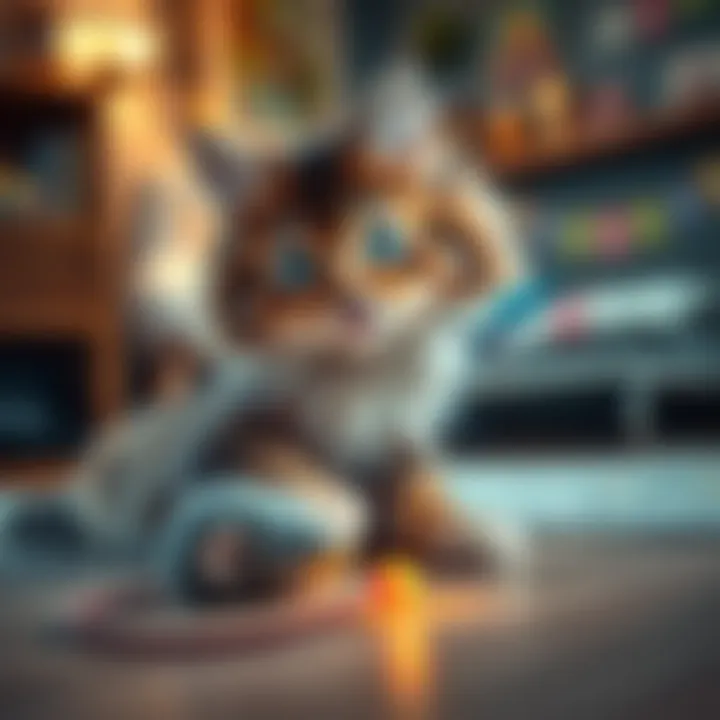 A playful cat named Morgana with fluffy fur, engaging with a toy mouse in a cozy room setting.