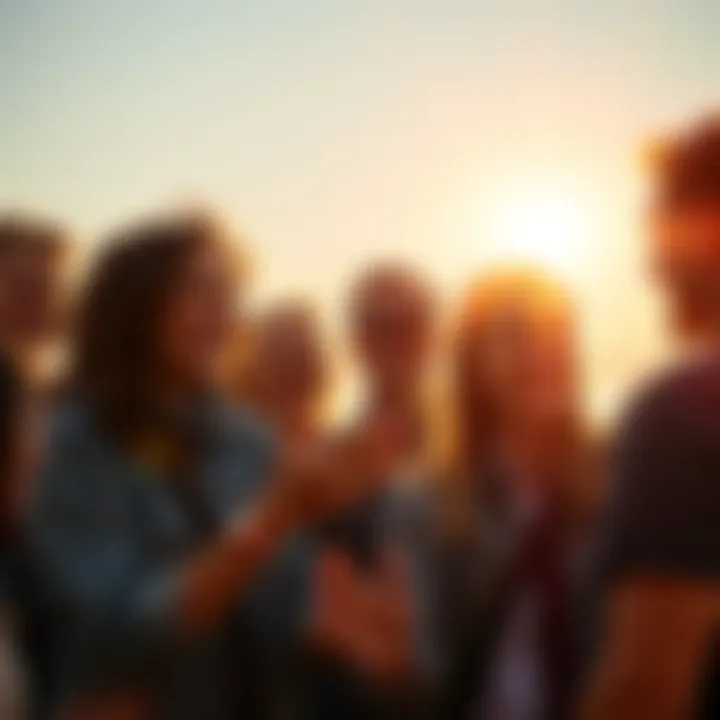 A group of cheerful people exchanging morning greetings with smiles and positive energy under a bright sun.