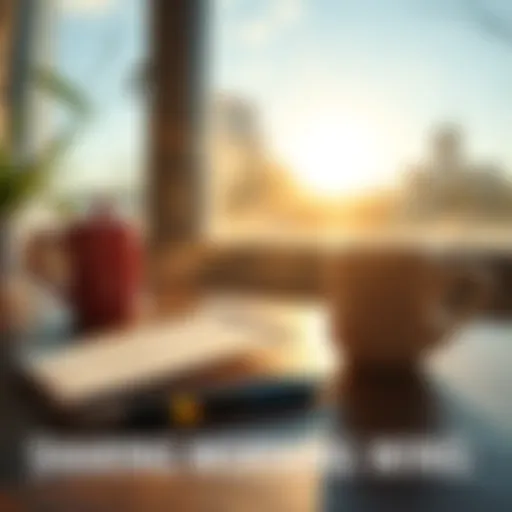 A bright morning scene featuring a cup of coffee, a notepad with handwritten achievements, and sunshine coming through a window, symbolizing sharing daily wins.