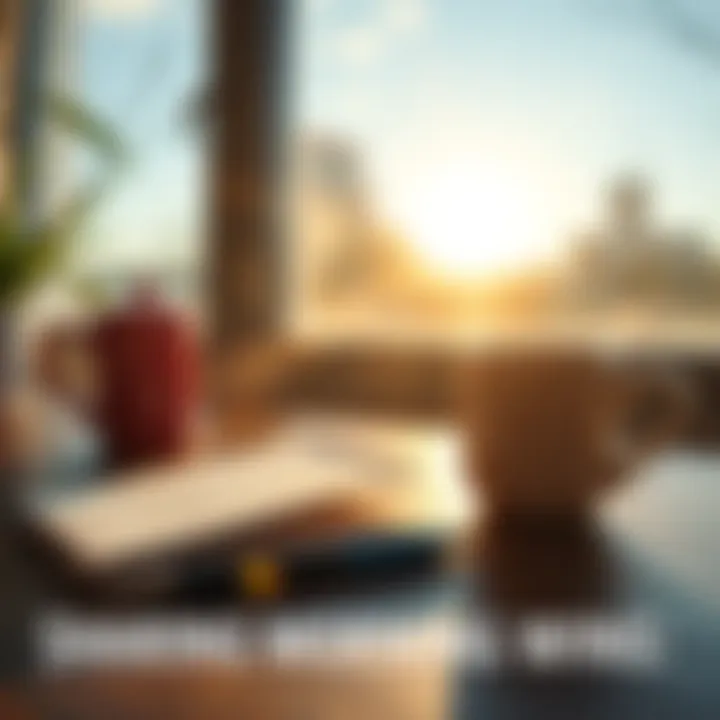 A bright morning scene featuring a cup of coffee, a notepad with handwritten achievements, and sunshine coming through a window, symbolizing sharing daily wins.