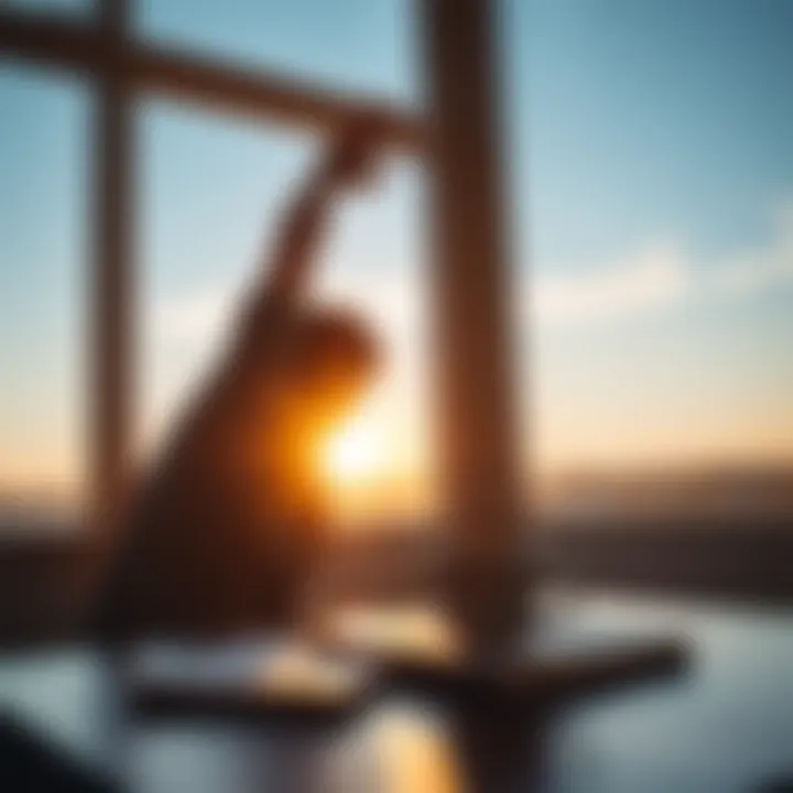 A person stretching by a sunny window with a cup of coffee and a notebook on a table