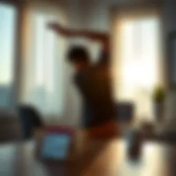 A person stretching and preparing for the day in a bright room with a calendar and coffee mug on the table.