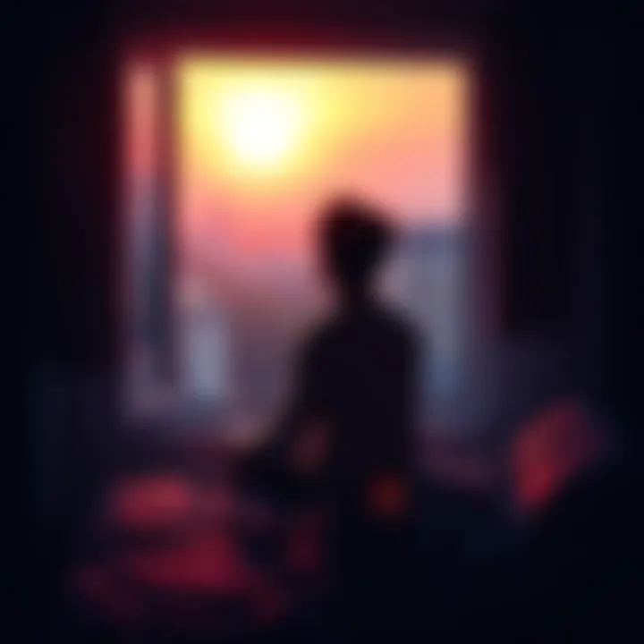 A person sitting on the edge of their bed, looking out of a window with a thoughtful expression as the sun rises, symbolizing the start of another day filled with anticipation.