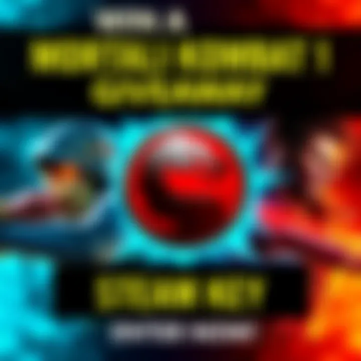 A vibrant graphic promoting a Mortal Kombat 1 giveaway, featuring iconic characters and a Steam key illustration.