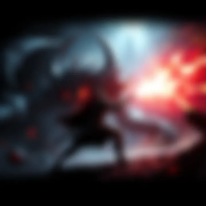 A warrior fighting a large creature in a dark, fantasy environment with intense combat and dramatic lighting.