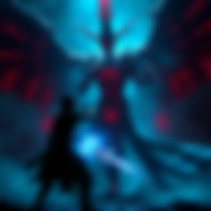 Mortal Shell Boss Battle A player character battling Tarsus, The First Martyr, in a dark, atmospheric setting with glowing effects and weapon drawn.