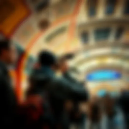 A traveler filming inside a Moscow Metro station, capturing the unique architecture and atmosphere, with city commuters around.