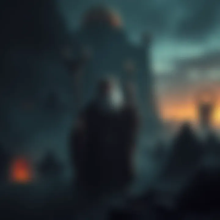 A depiction of Moses in a dark, twisted world reminiscent of Blasphemous, holding a staff surrounded by shadowy figures and eerie structures.