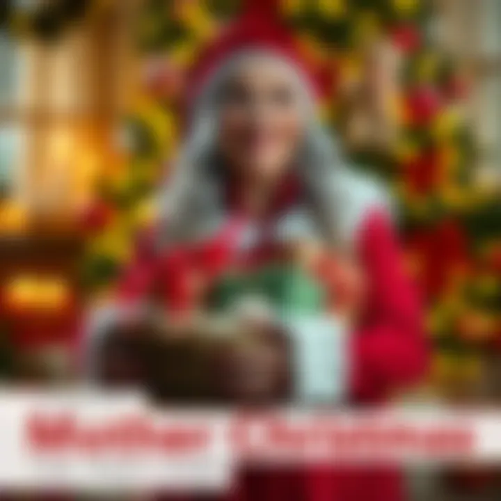 Mother Christmas wearing a festive outfit, holding a basket filled with wrapped gifts, surrounded by holiday decorations and a warm atmosphere.